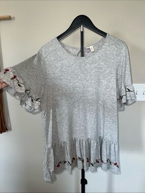 Women's Grey Ruffle Hem Top with Floral Embroidery